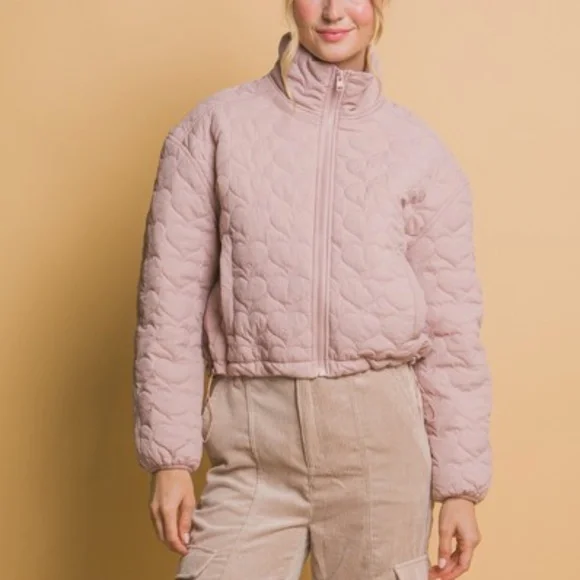Cozy Blush Pink Heart Quilted Pockets Travel Bomber Jacket - Picture 3 of 6